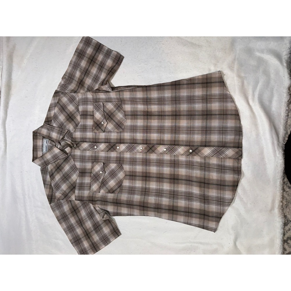 Wrangler Wrancher Mens Brown Plaid Short Sleeve Western Pearl Snap Shirt Medium